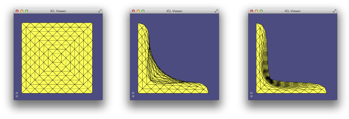 A mesh (left) deformed using Laplacian editing (middle) and with Laplacian editing plus the anti-flipping constraints (right).