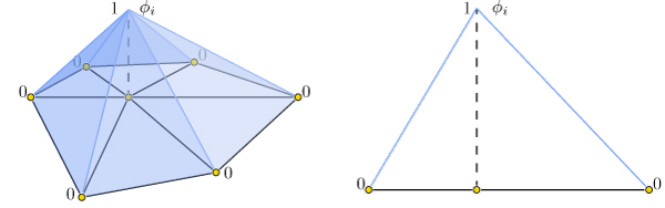 Hat function \phi_i\phi_i is one at vertex ii, zero at all other vertices, and linear on incident triangles.
